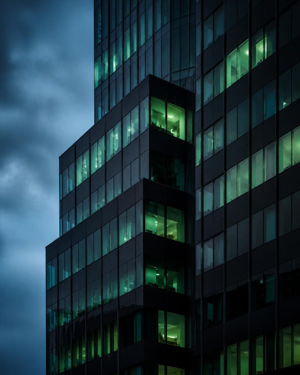 Modern commercial office tower facade illuminated at dusk